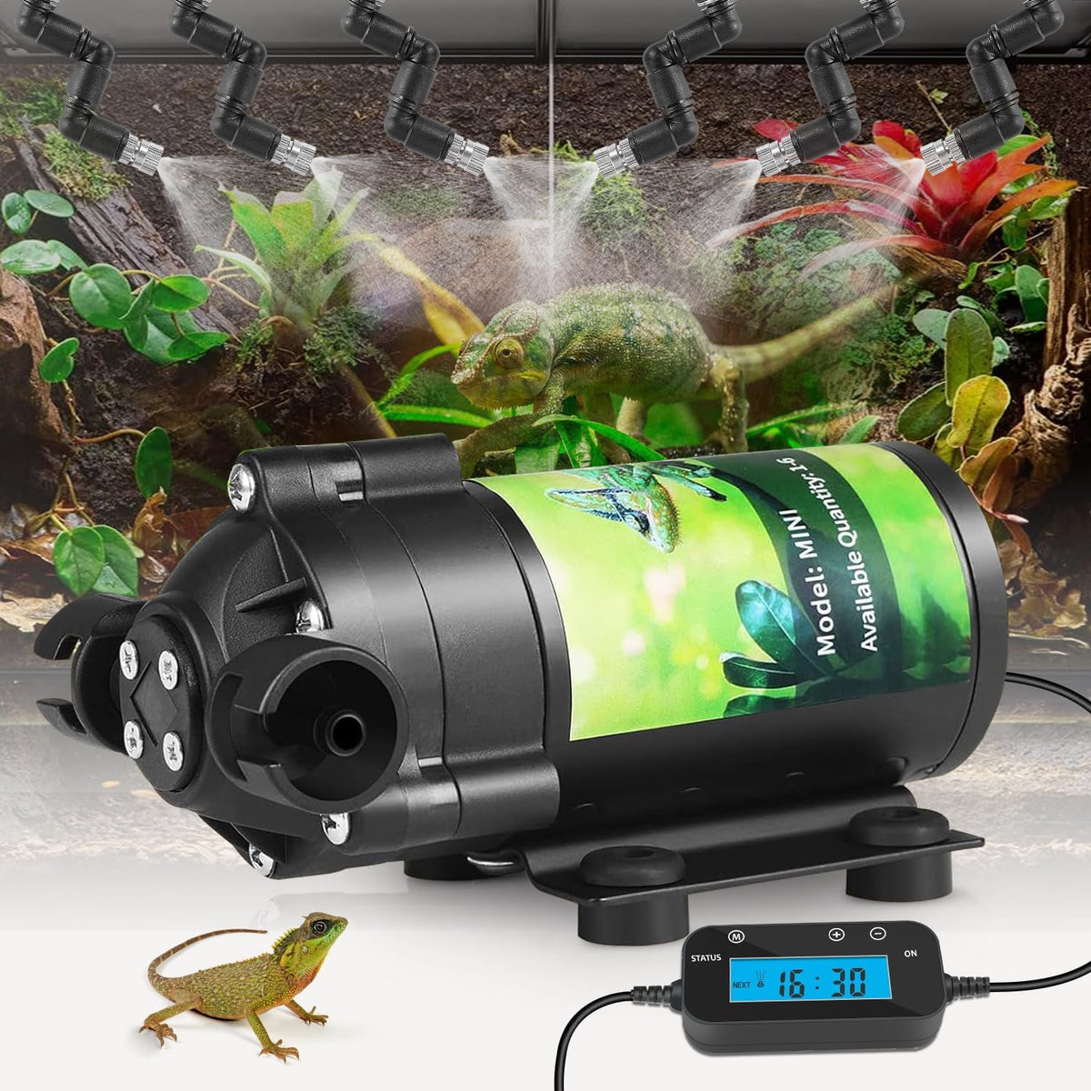 Automatic reptile mister system with timer and six adjustable misting nozzles