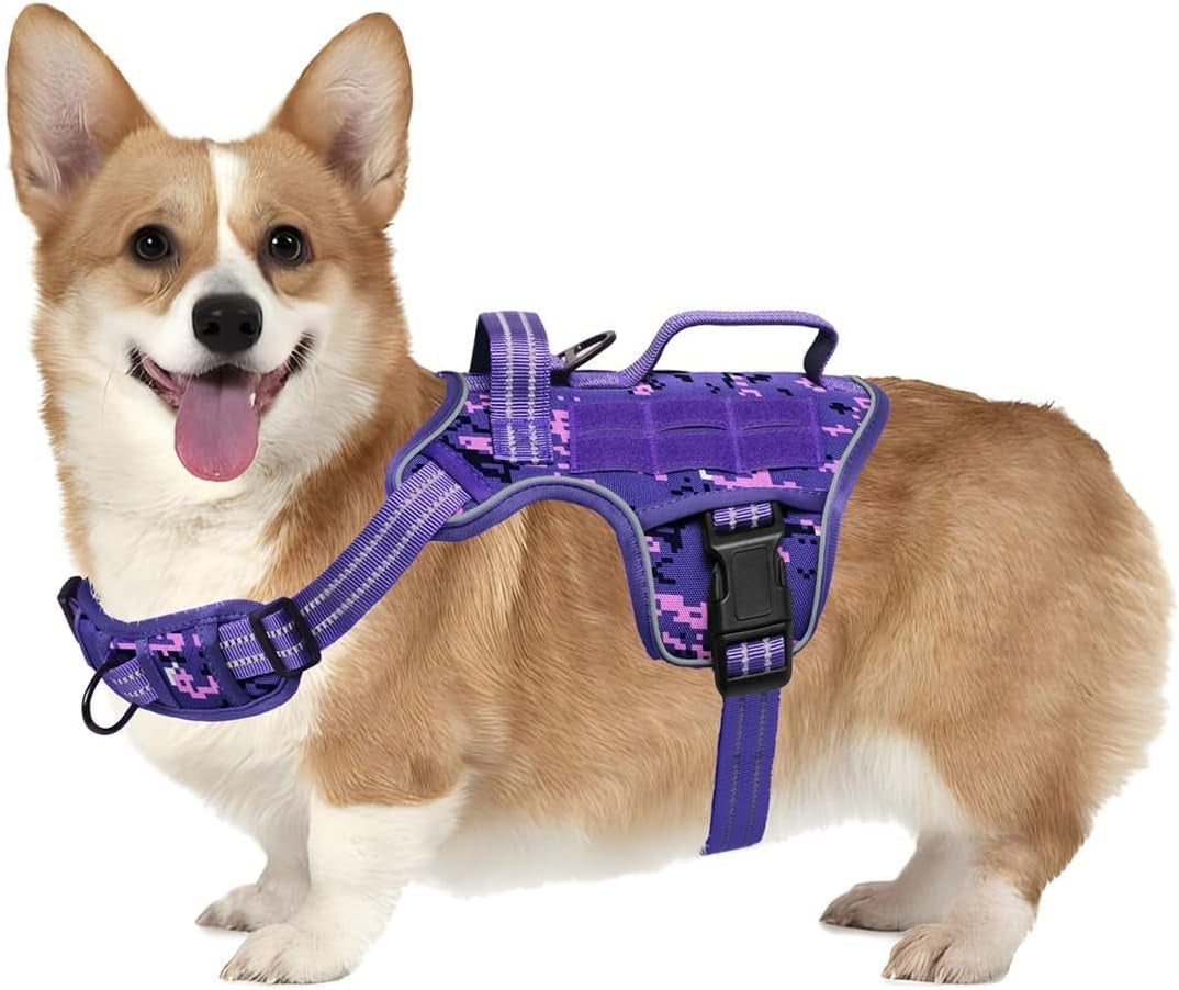 No Pull Tactical Dog Harness Heavy Duty Molle Vest for Medium to XLarge Dogs Purple Camo S(Neck:16-22",Chest:20-28"),18-35 Lbs