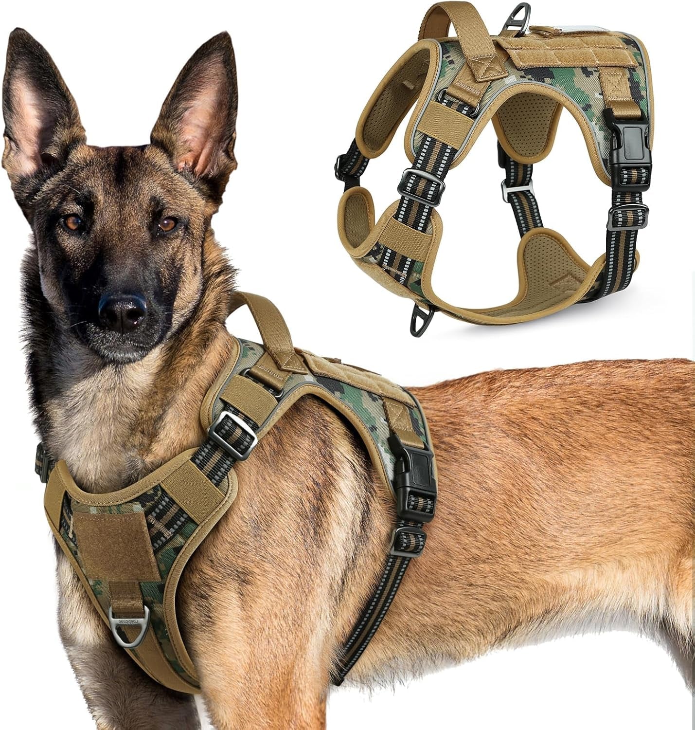 No Pull Tactical Dog Harness Molle Vest Adjustable Medium Large Dogs Brown Camo X-Large