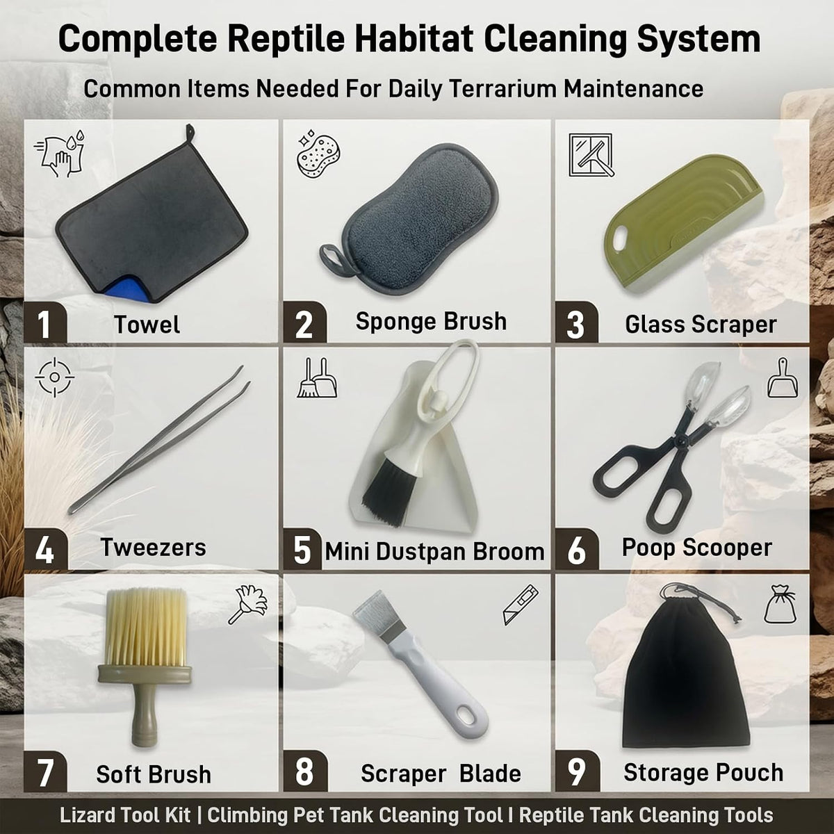 Reptile Habitat Cleaning Kit – 9-Piece Terrarium Tool Set