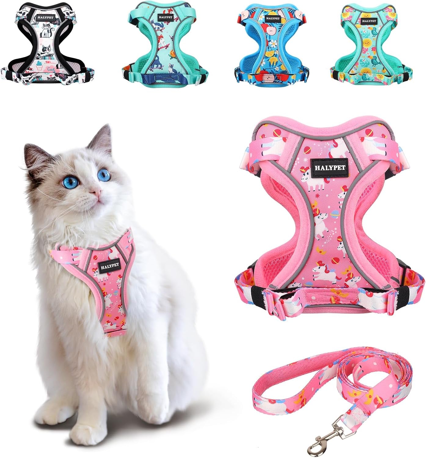 Cat Harness and Leash Set Escape Proof Reflective Adjustable Vest H603 Pro Pink Unicorn Small (7-12Lb)
