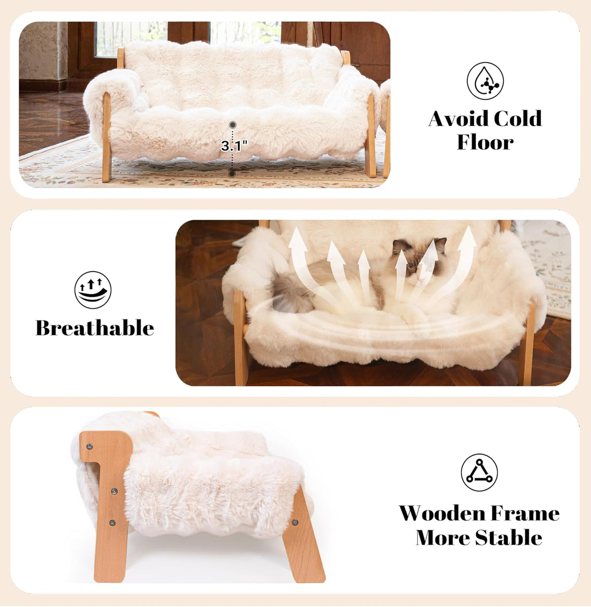 this is offered in 3 different colors. title: CHEERHOME PETS Elevated Cat Couch Bed for Indoor Cats, Wooden Cat Sofa with Removable Washable Fluffy Cover Raised Kitty Lounge Chair Suitable for Puppy(Cat Sofa Off-White) description: 