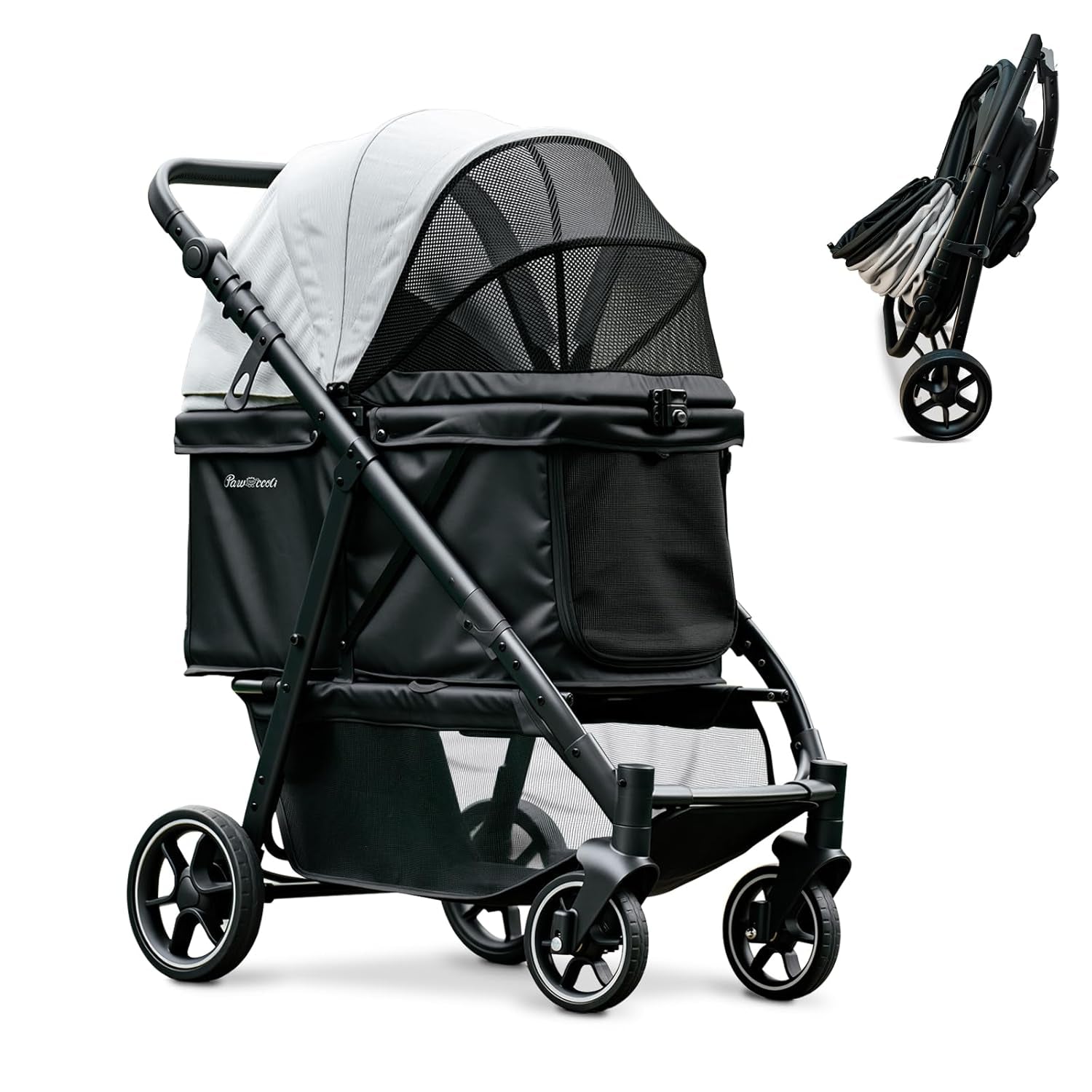 Pet Stroller 4 Wheel Dog Cat Foldable Removable Carrier 33lb Black Medium-Max