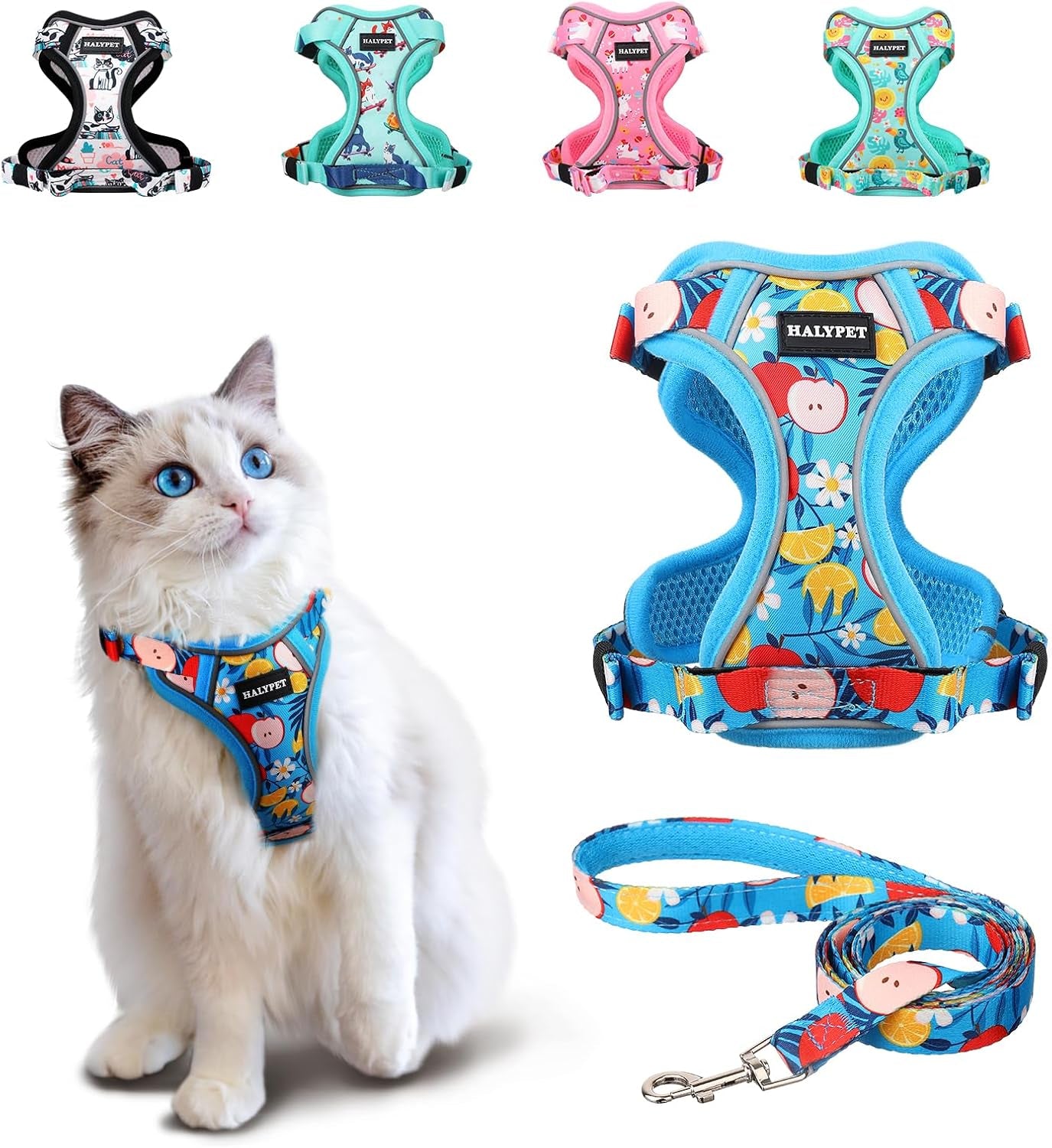 Cat Harness and Leash Set Escape Proof Reflective Adjustable Vest H603 Pro Azure Floral Small (7-12Lb)