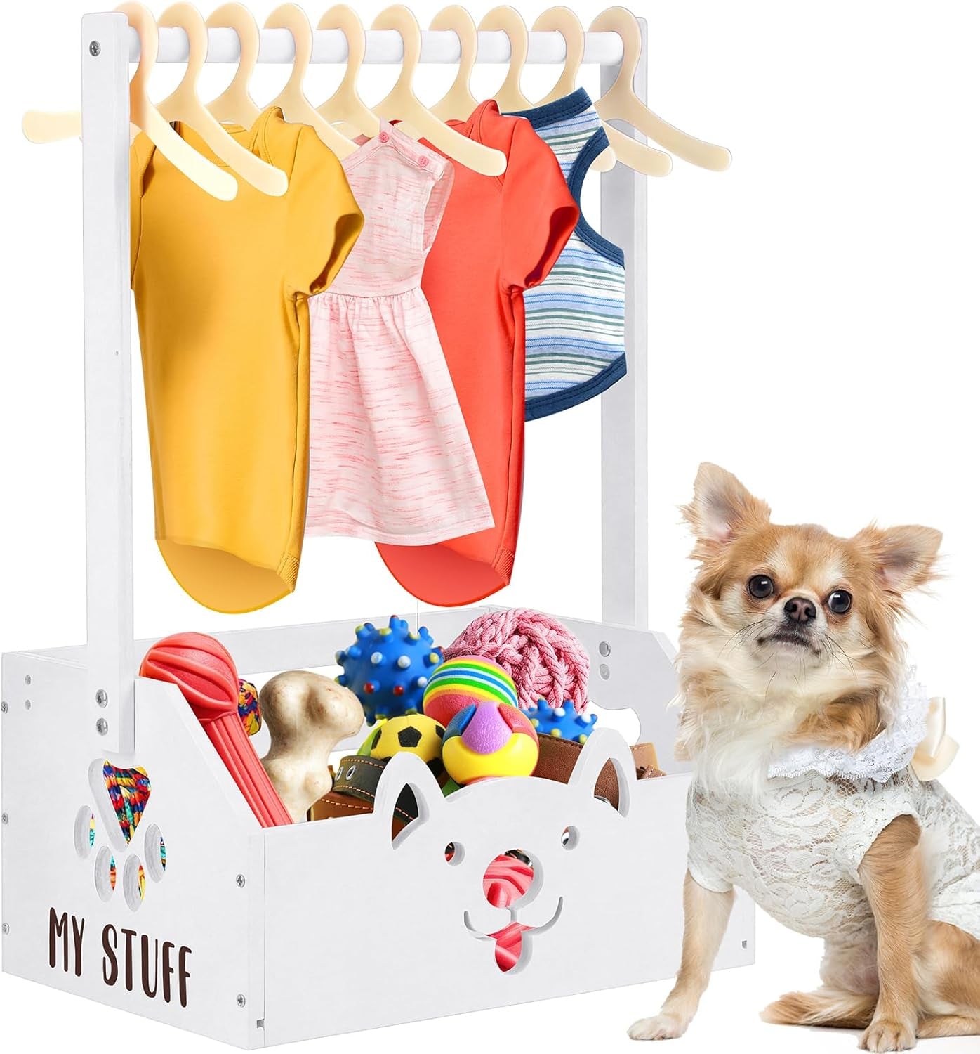 Dog Storage Organizer Wooden Closet Toy Bin Clothes Rack Hangers Pink/White White