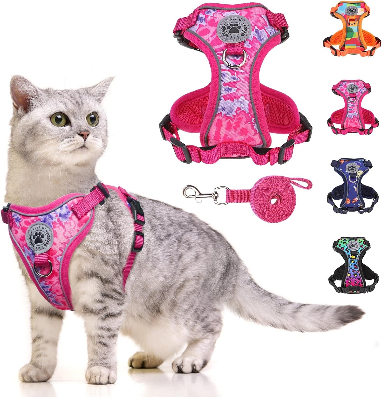 Escape Proof Cat Harness and Leash Reflective Adjustable Soft Vest Rose