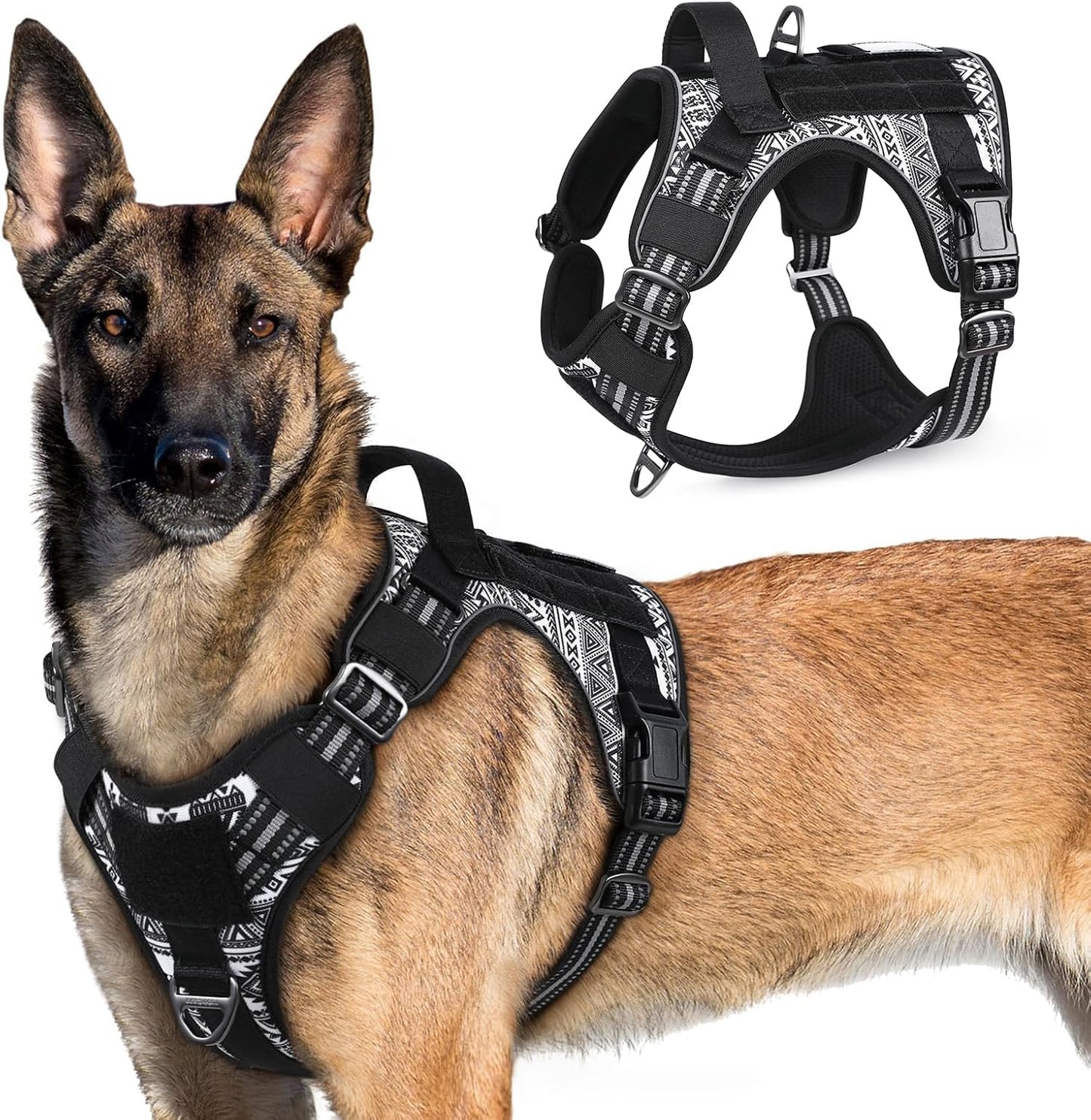 No Pull Tactical Dog Harness Molle Vest Adjustable Medium Large Dogs Black White Geometric X-Large
