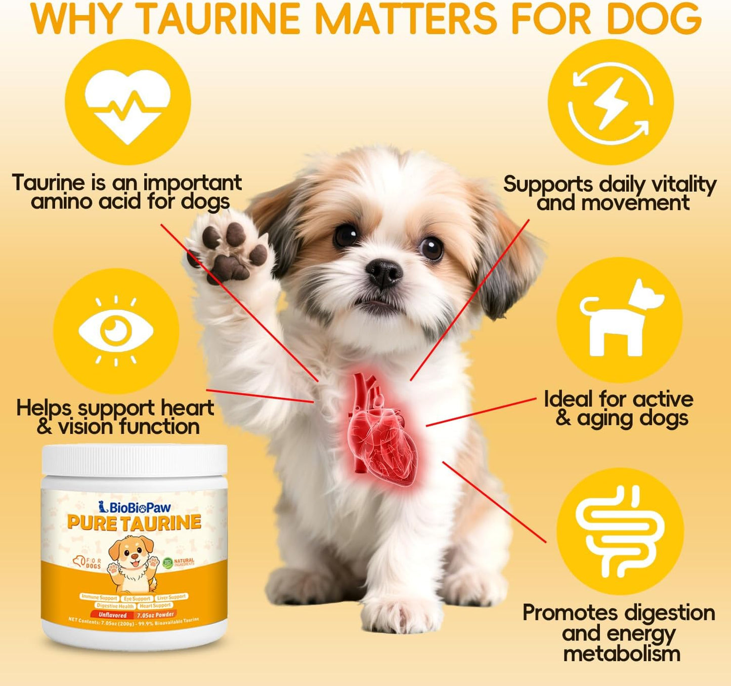 Taurine Powder for Dogs 500mg Pure Supplement Heart Immune Coat 200g