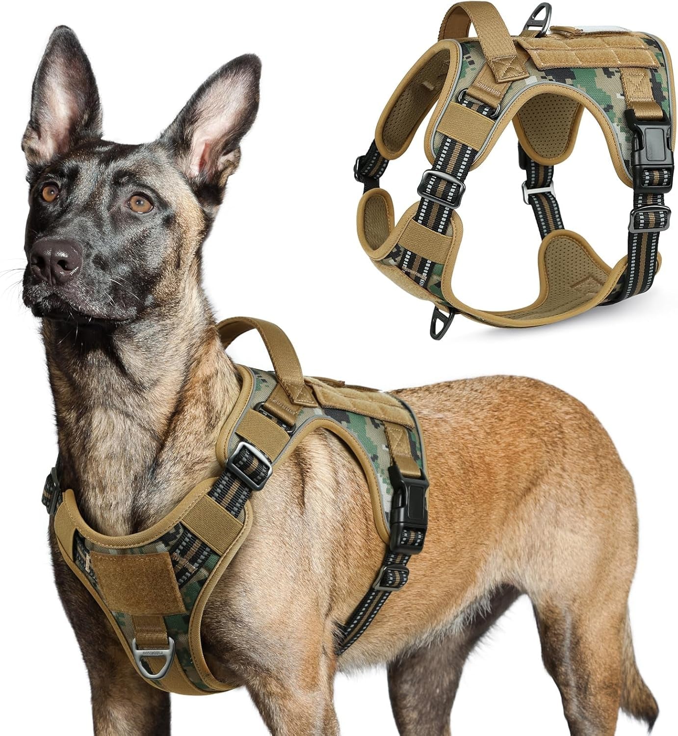 No Pull Tactical Dog Harness Molle Vest Adjustable Medium Large Dogs Brown Camo Large