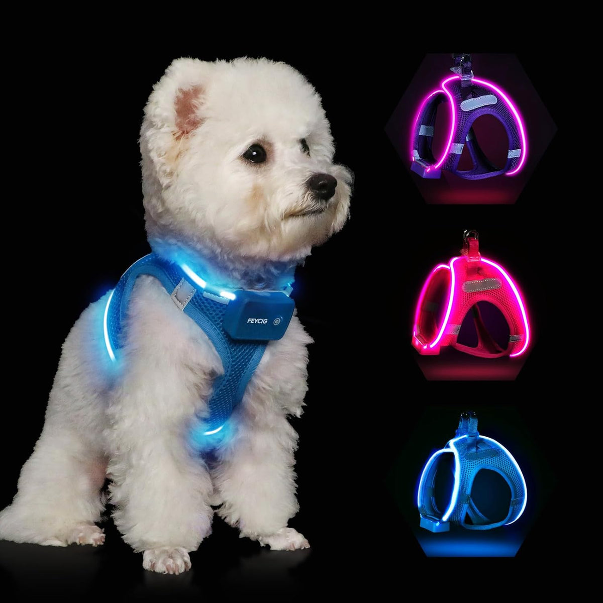 LED Light-Up Dog Harness – Rechargeable, XS–L, 6 Colors