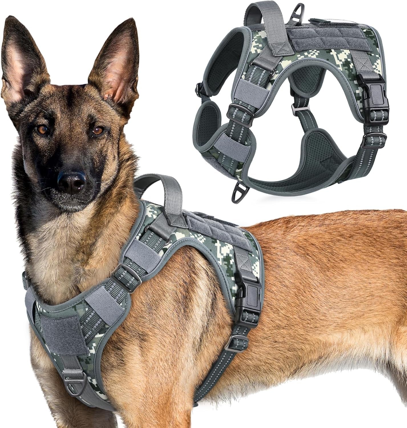 No Pull Tactical Dog Harness Molle Vest Adjustable Medium Large Dogs Grey Camo X-Large