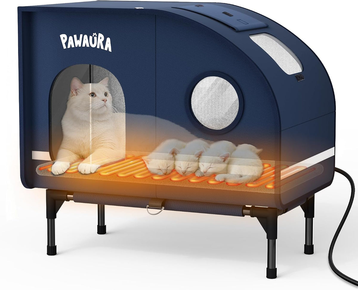 Weatherproof Heated Cat House for Outdoor Cats, Thickly Insulated Camper-Style Shelter with Thermostatic Heating Pad, Elevated Base & Skylight (Dark Blue, Large)