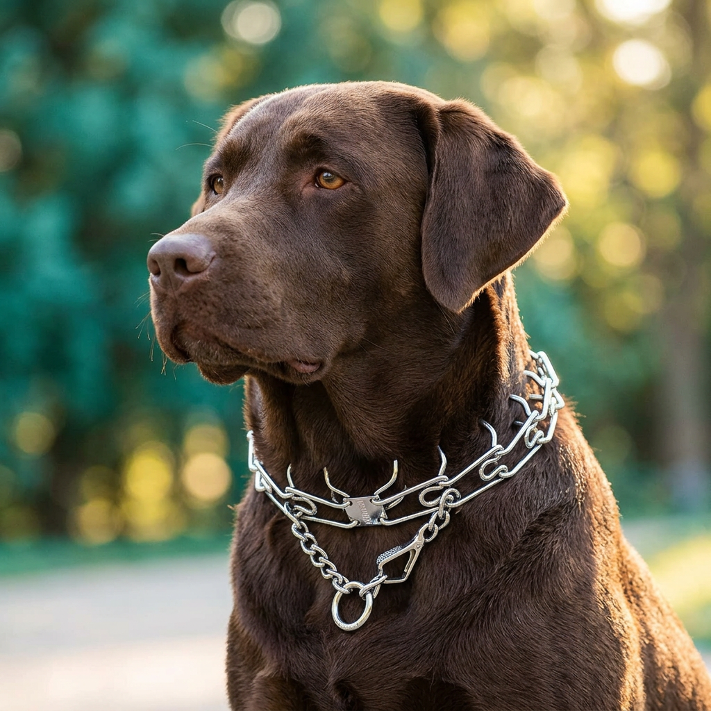 Chrome training collar on a chocolate Labrador in a vibrant outdoor setting