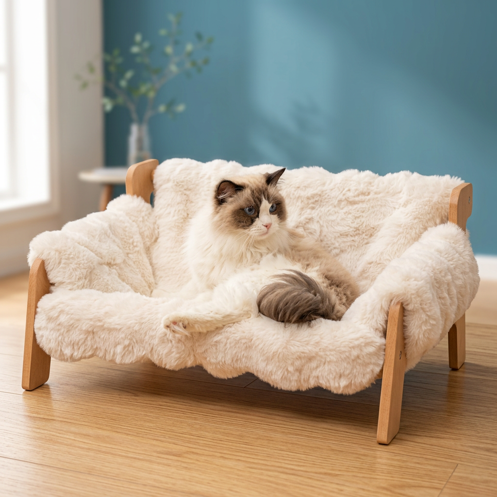 Cream fluffy cat couch hero image in a vibrant contemporary home