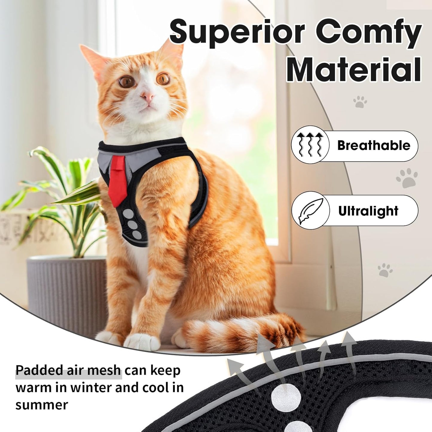 Escape Proof Cat Harness and Leash Set Reflective Adjustable Vest