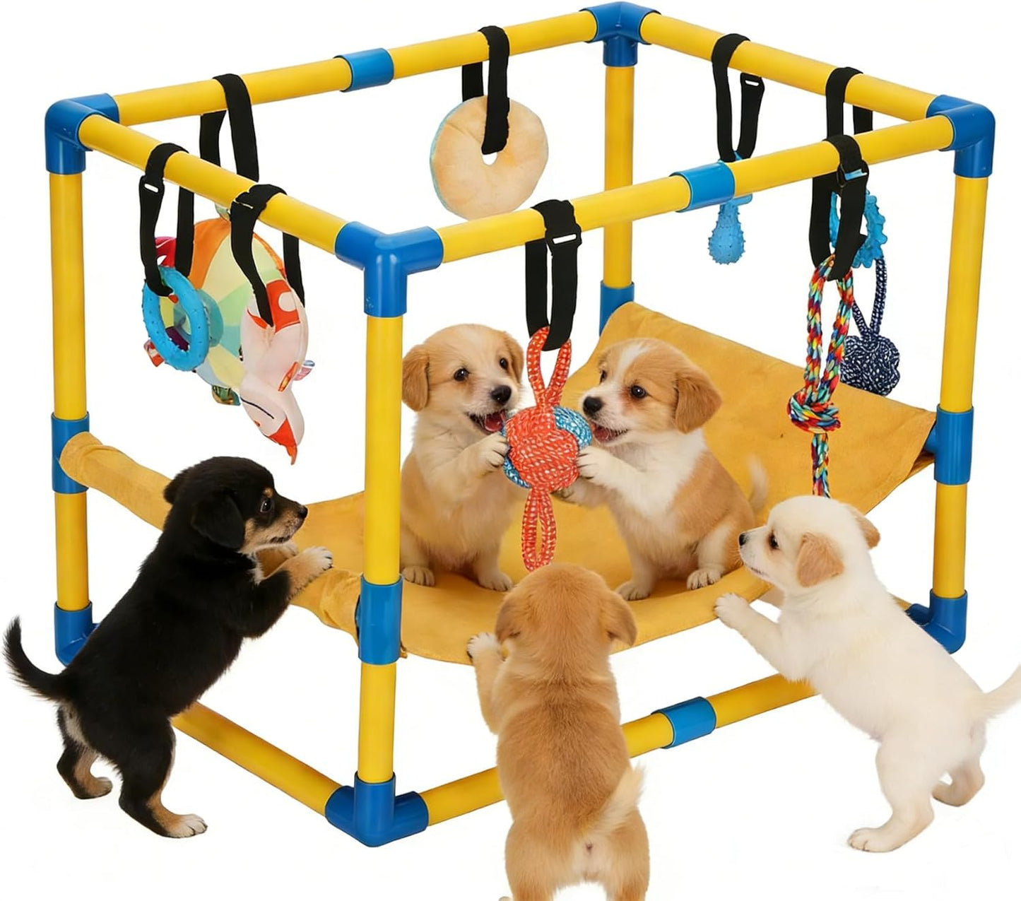 Indoor Puppy Play Gym with Hammock 8 Toys Dog Enrichment Activity Center Puppy Gym Is Yello