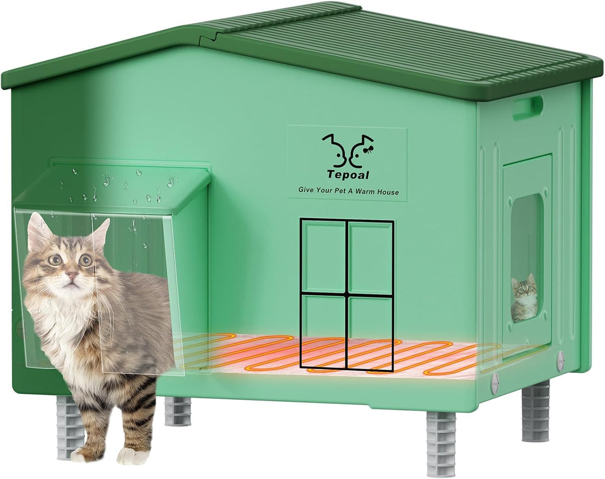 Heavy-Duty Heated Outdoor Cat House with Escape Door – Green or Grey, 2 Sizes