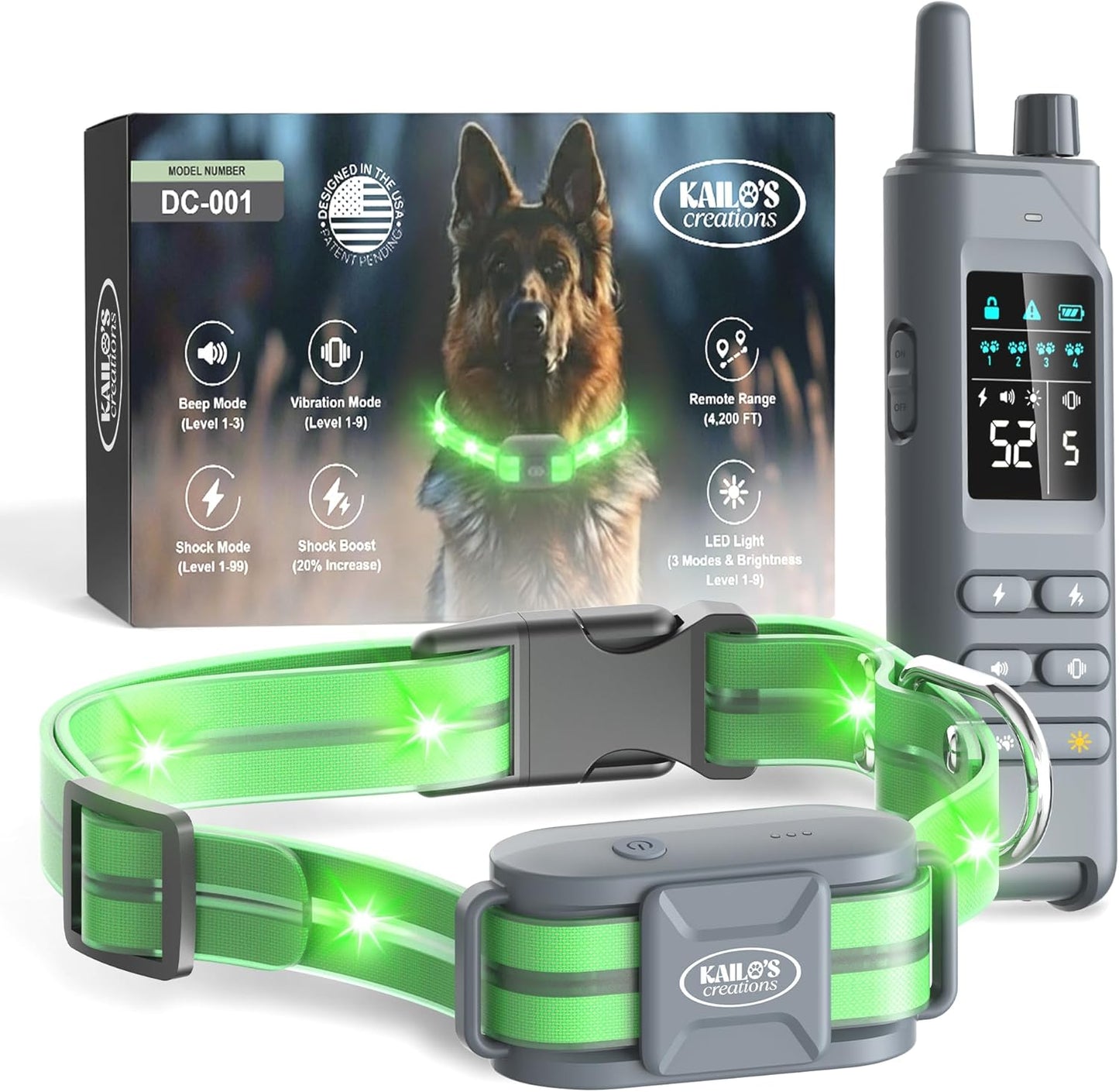 Dog Training Collar for 2 Dogs — 360° LED Lights, 4200FT Range, Waterproof Green ( One-Dog)