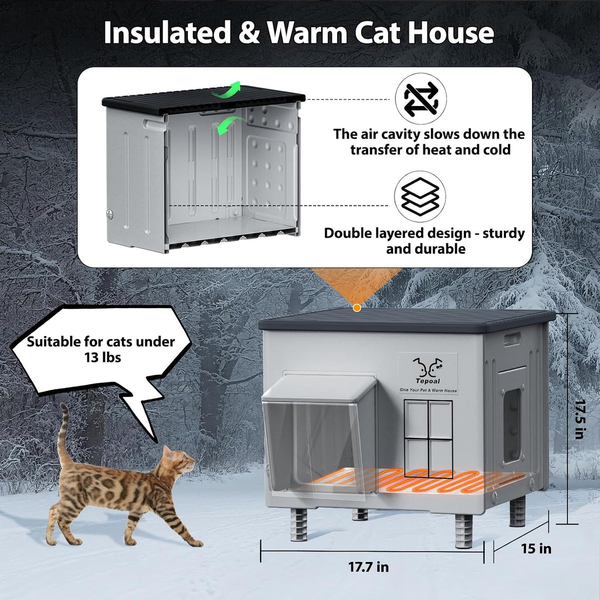 Heavy-Duty Heated Outdoor Cat House with Escape Door – Green or Grey, 2 Sizes
