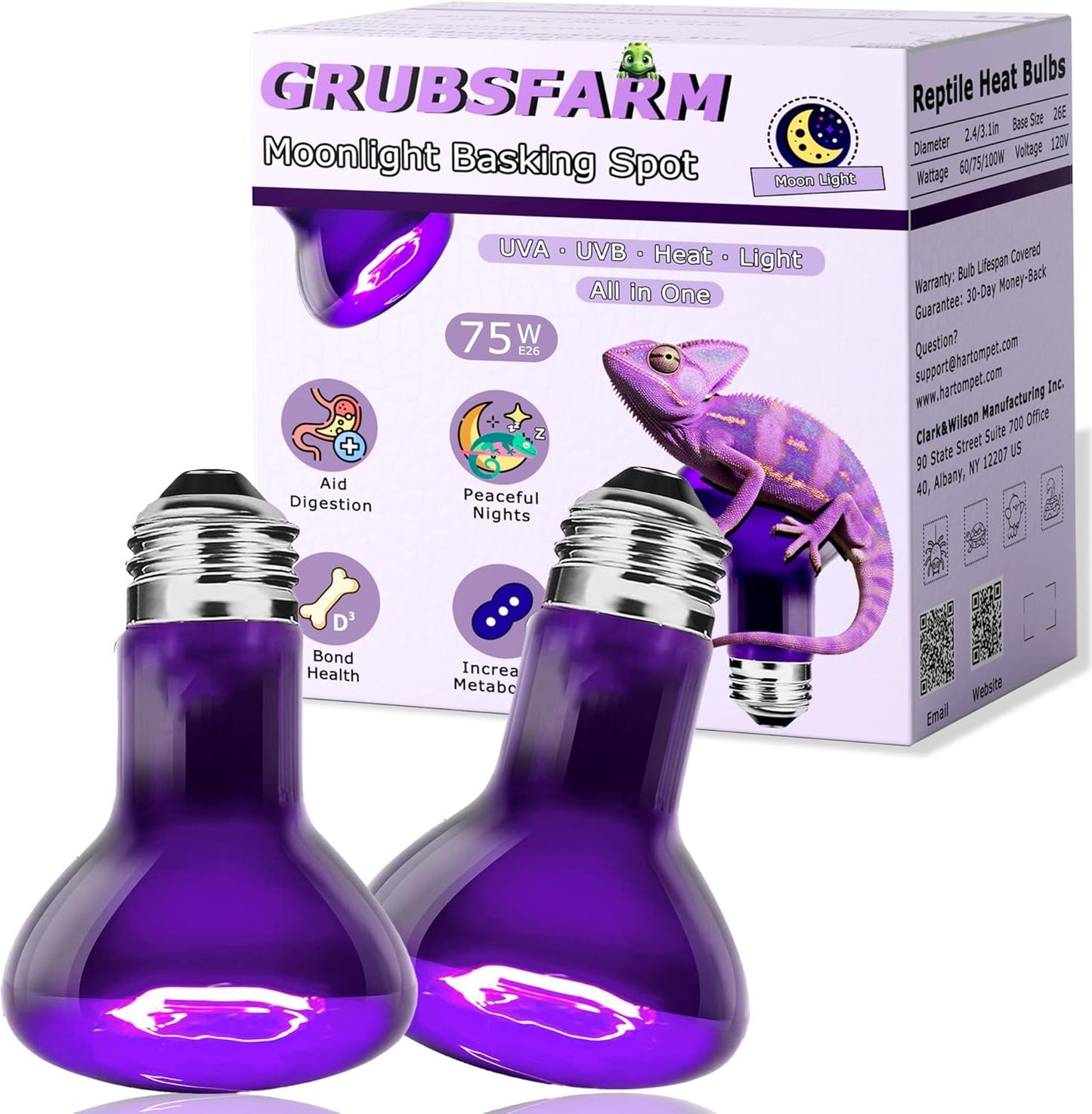 Reptile Night Heat Bulb 75W Purple UVA Basking Lamp E26 2 Pack Purple Moonlight 75W-2.5In