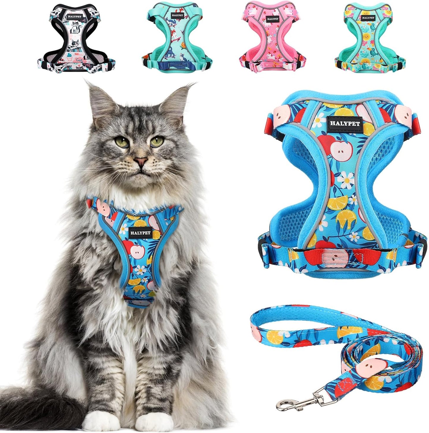 Cat Harness and Leash Set Escape Proof Reflective Adjustable Vest H603 Pro Azure Floral Medium (13-18Lb)
