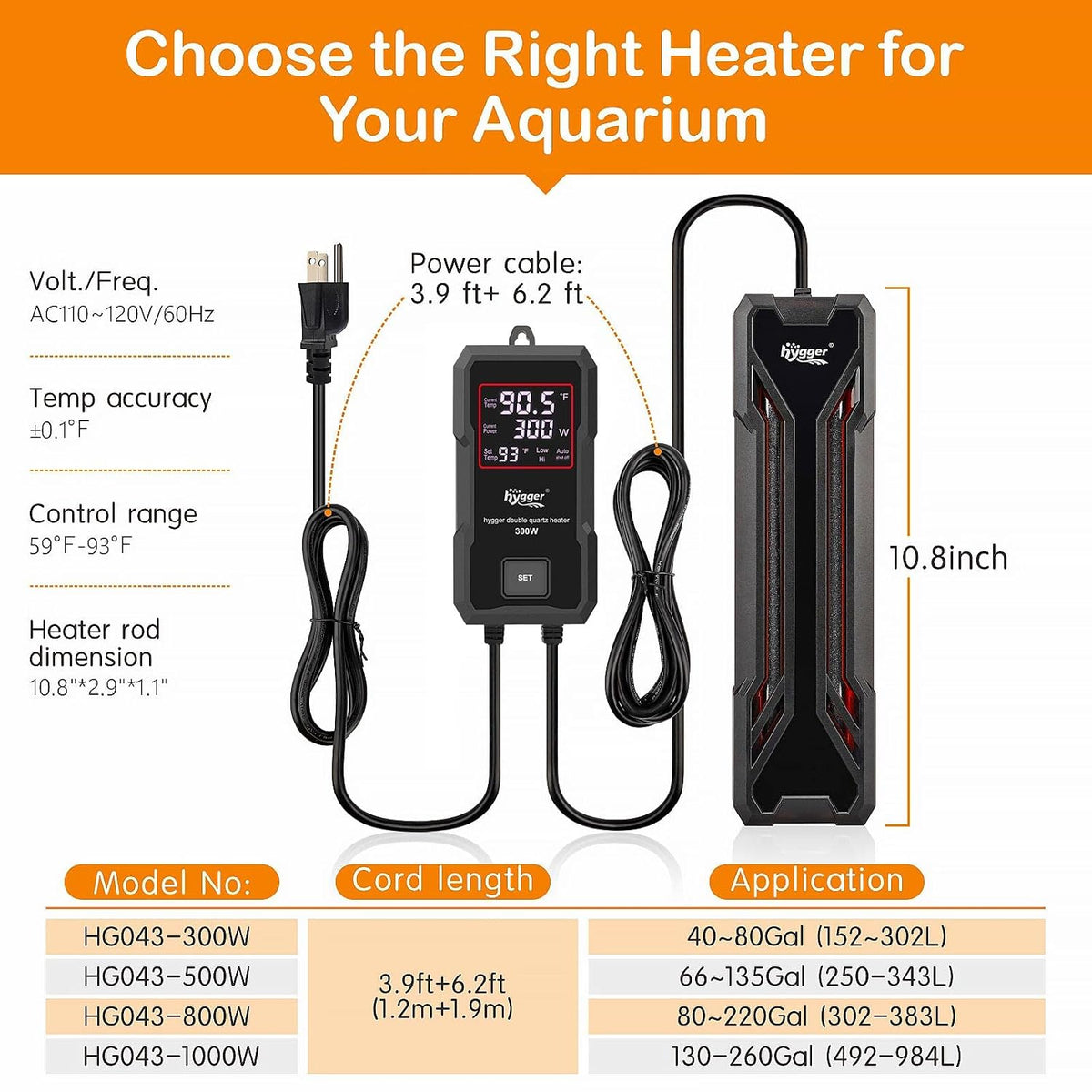 Hygger Aquarium Heater 300W-1000W LED Controller Fresh Saltwater Tank