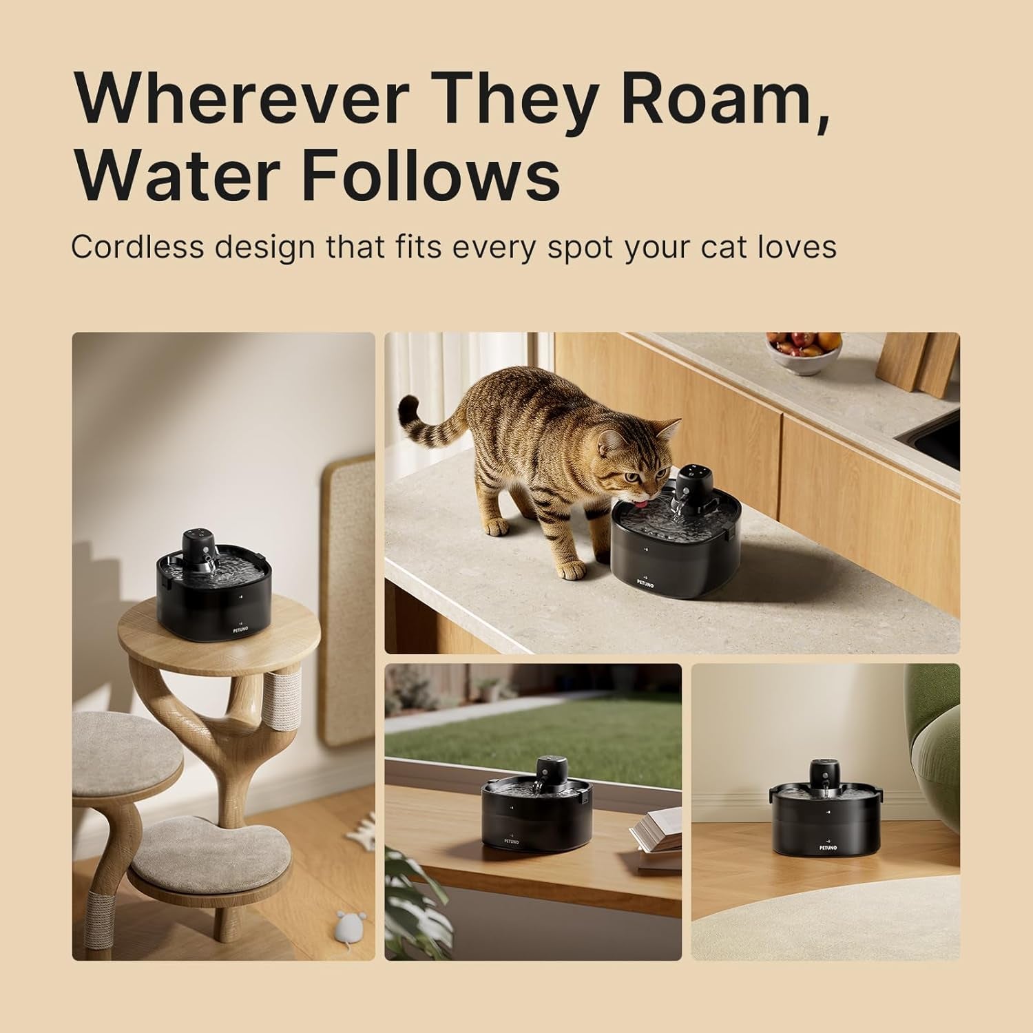 Wireless Cat Water Fountain Cordless 2.3L Motion Sensor Quiet