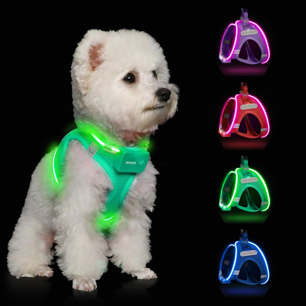LED Light-Up Dog Harness – Rechargeable, XS–L, 6 Colors