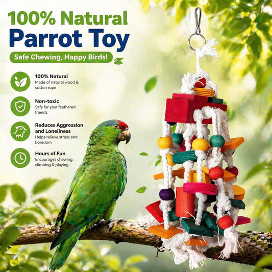 Bird Chewing Toy for Small & Medium Parrots, Wood Blocks & Rope