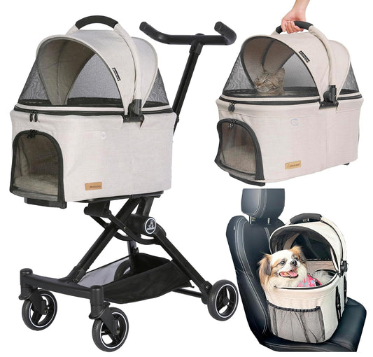 3 in 1 Pet Stroller Dog Cat Travel System Detachable Carrier Foldable 30lb Light Khaki