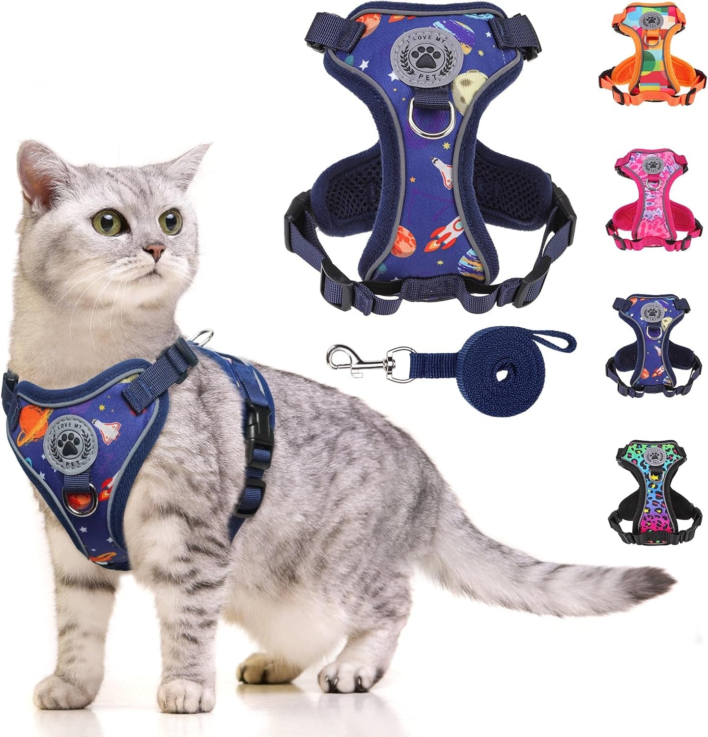 Escape Proof Cat Harness and Leash Reflective Adjustable Soft Vest Navy