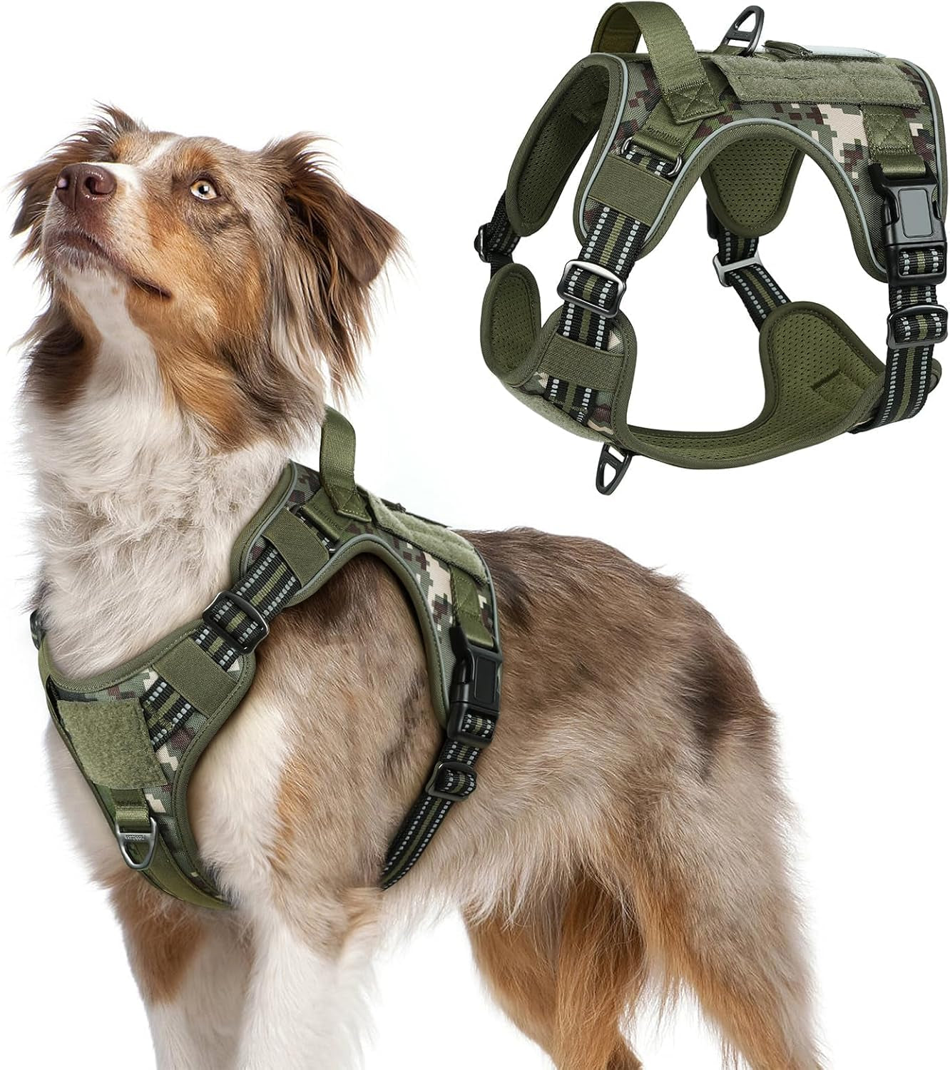 No Pull Tactical Dog Harness Molle Vest Adjustable Medium Large Dogs Green Camo Medium
