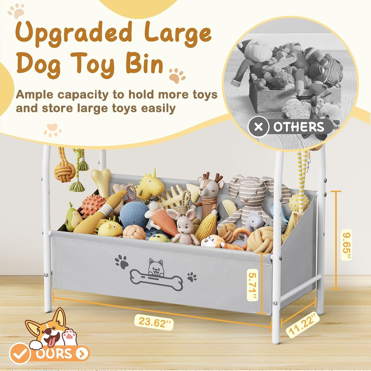 Large Dog Toy Storage Organizer with Shelf & 6 Hooks – Black, White or Brown