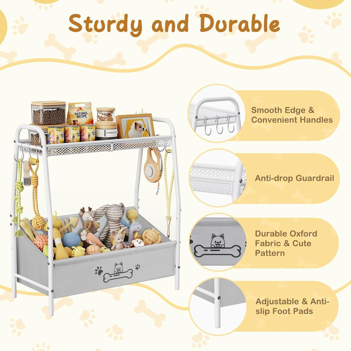 Large Dog Toy Storage Organizer with Shelf & 6 Hooks – Black, White or Brown