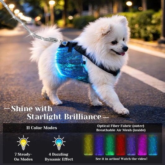 LED Dog Harness Light Up Fiber Optic Remote Control Small Dogs Cats