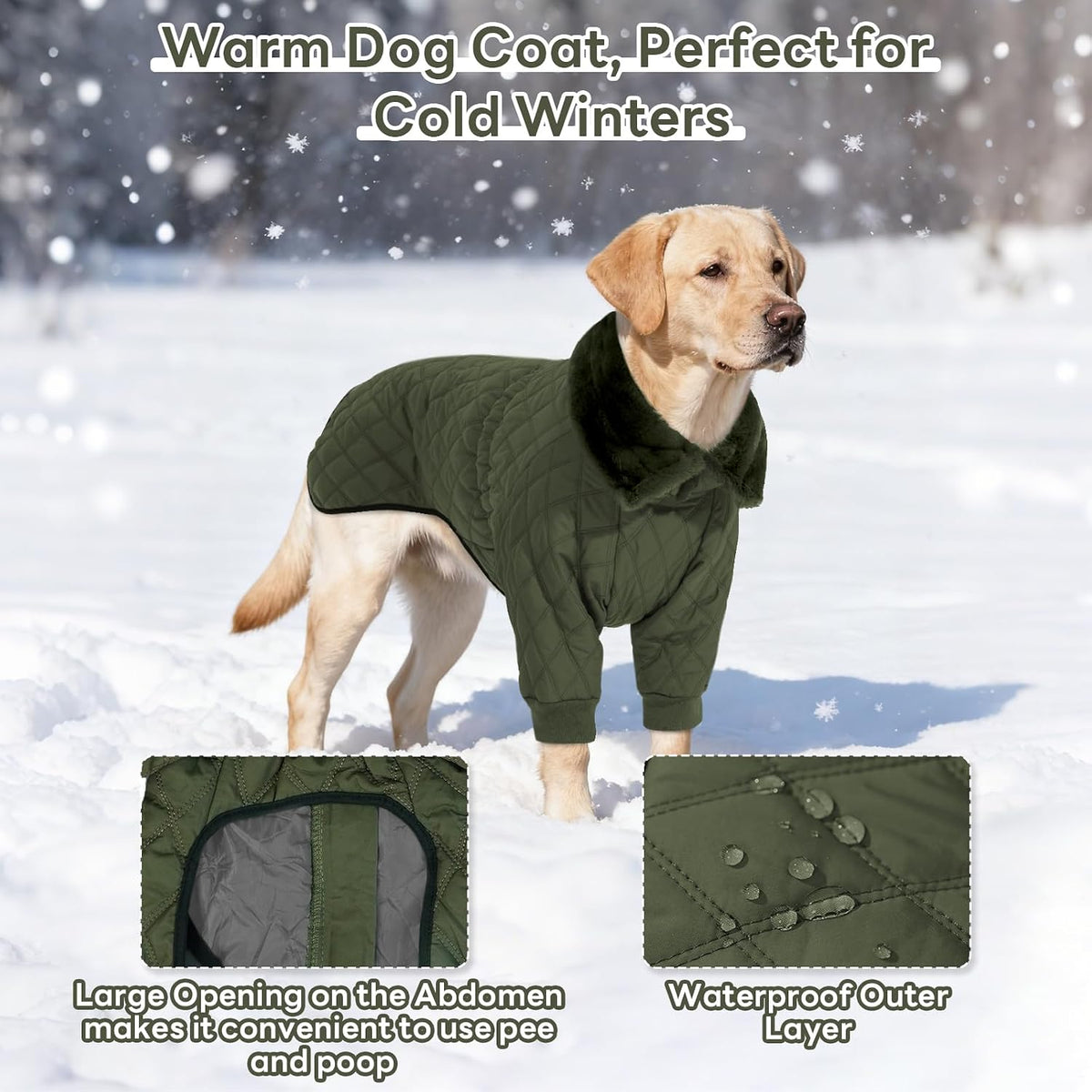 Waterproof dog snow jacket with fleece lining and high collar, S-3XL