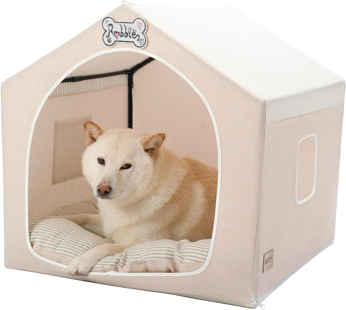 Indoor Dog House Tent Bed Soft Washable Foldable Cave For Small and Medium Dogs Beige Large ( 25" × 25" × 25" )
