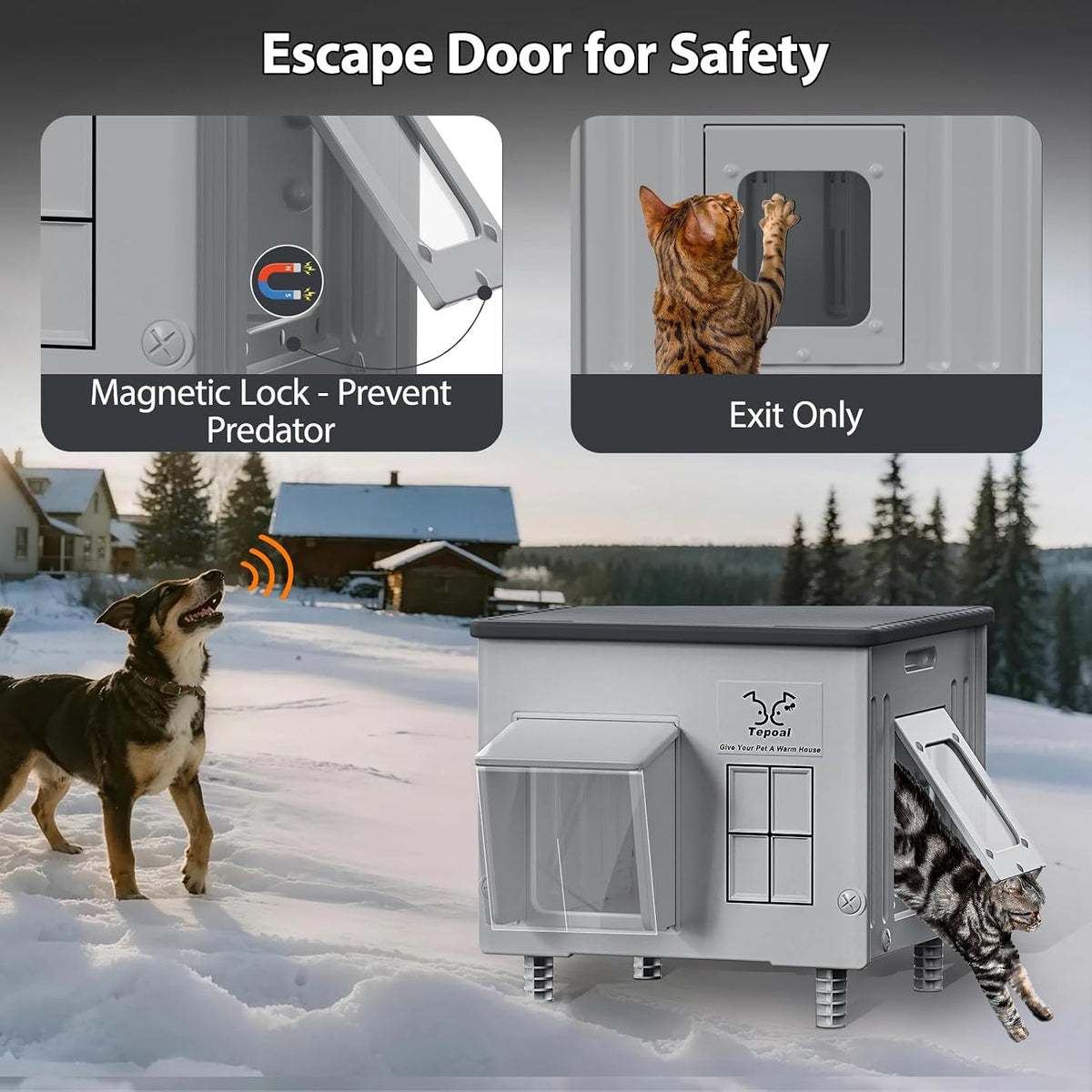 Heavy-Duty Heated Outdoor Cat House with Escape Door – Green or Grey, 2 Sizes