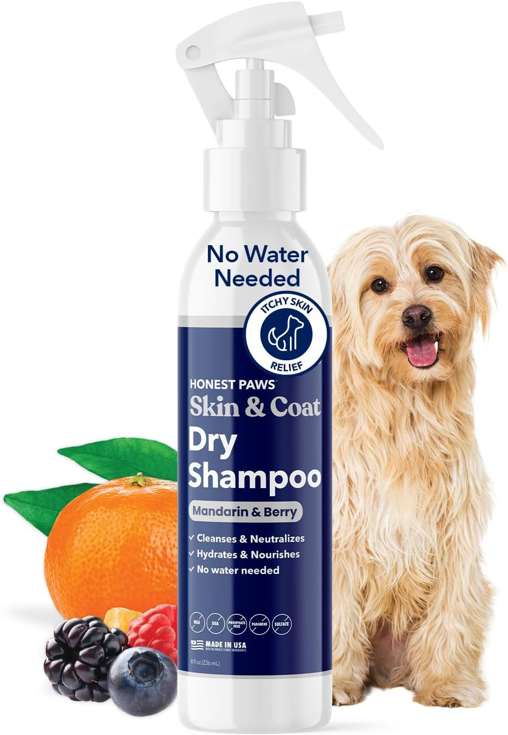 Dog Dry Shampoo Waterless No Rinse Oatmeal Lavender Itch Odor Relief 8oz Mandarin Berry - 8 Oz