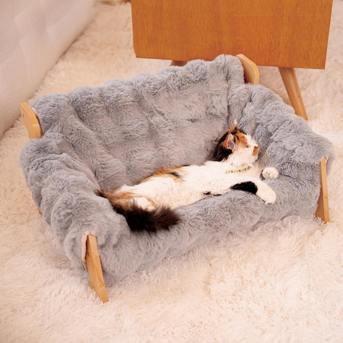 this is offered in 3 different colors. title: CHEERHOME PETS Elevated Cat Couch Bed for Indoor Cats, Wooden Cat Sofa with Removable Washable Fluffy Cover Raised Kitty Lounge Chair Suitable for Puppy(Cat Sofa Off-White) description: 