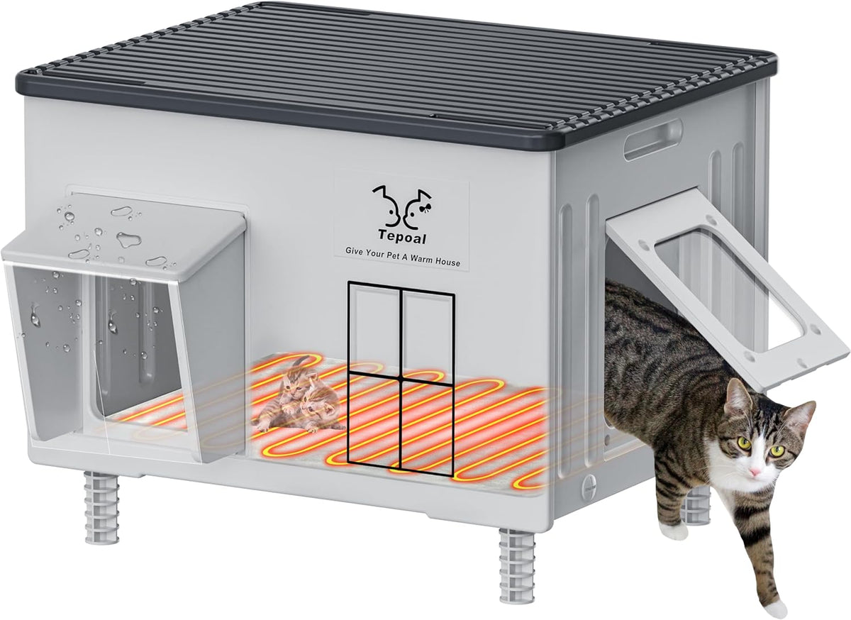 Heavy-Duty Heated Outdoor Cat House with Escape Door – Green or Grey, 2 Sizes