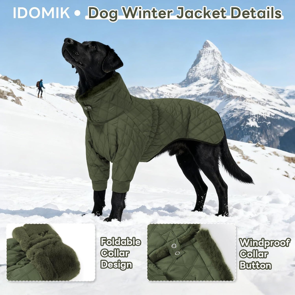 Fleece-lined waterproof dog snow coat with high collar for cold weather