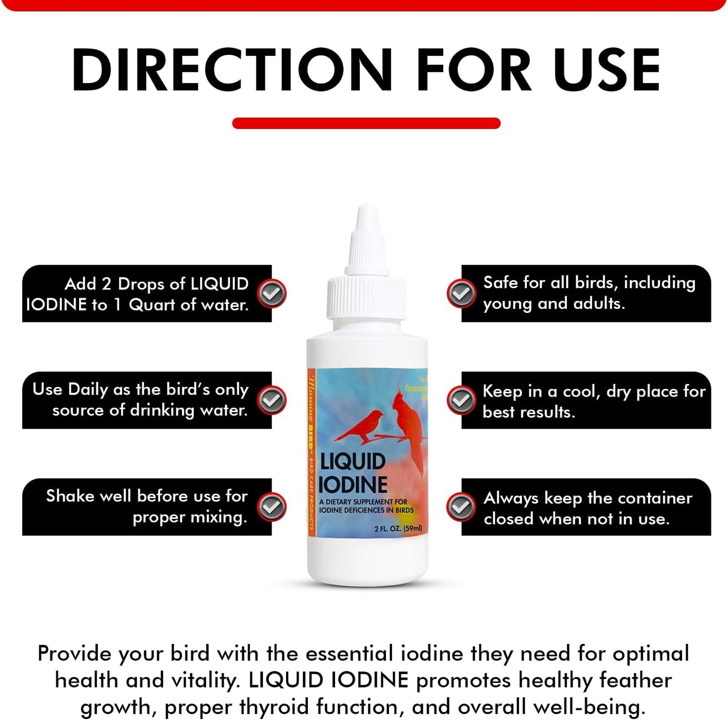 Liquid Iodine Supplement for Birds Feather Thyroid Support 4oz