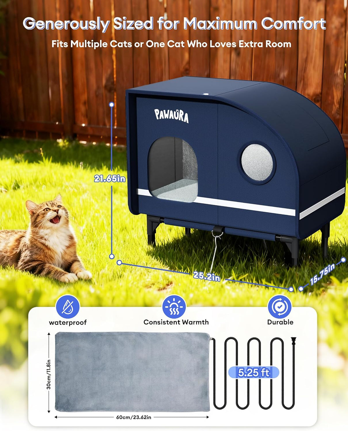 Weatherproof Heated Cat House for Outdoor Cats, Thickly Insulated Camper-Style Shelter with Thermostatic Heating Pad, Elevated Base & Skylight (Dark Blue, Large)