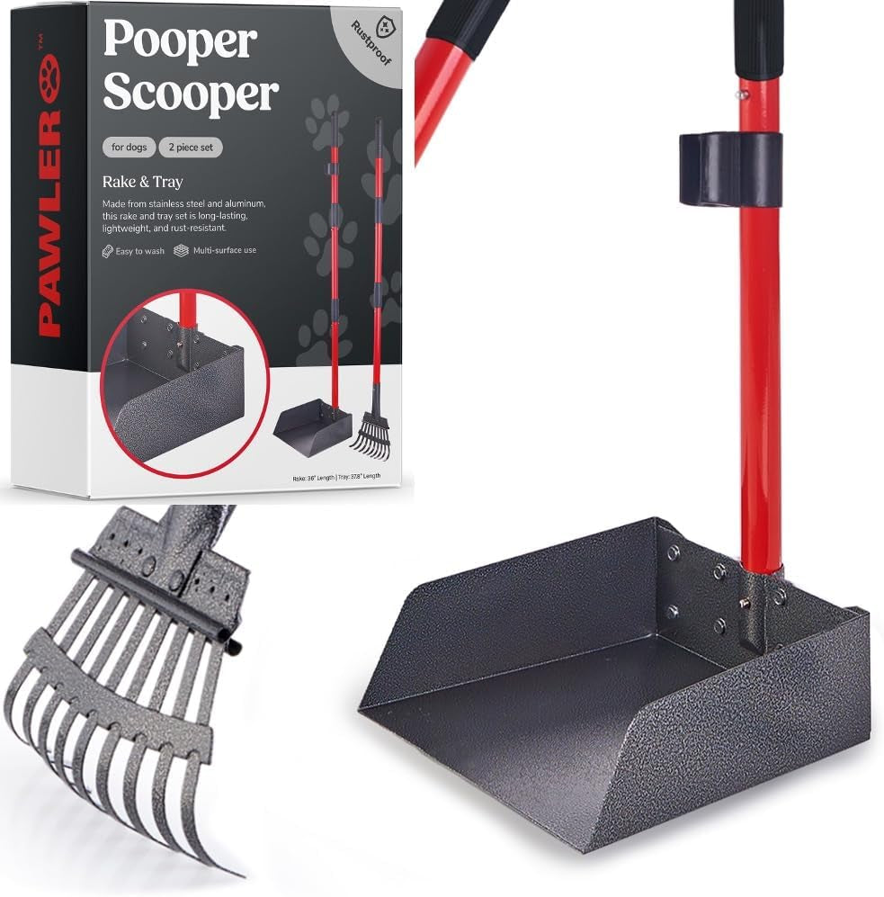 Metal Pooper Scooper Set with Long Handle Tray & Rake for Large Dogs 2 Piece Set - Standard