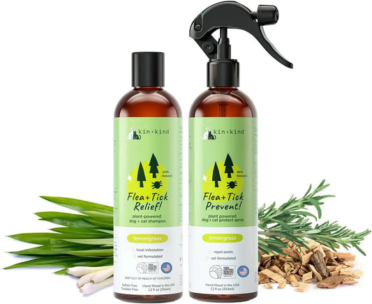 kin+kind Flea & Tick Shampoo & Spray Kit for Dogs & Cats – Plant-Based Lemongrass Shampoo - Lemongrass Spray