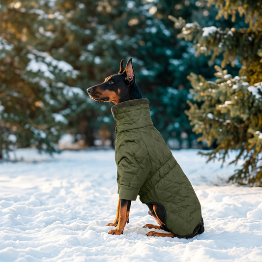 Vibrant winter lifestyle image of the olive-green dog jacket